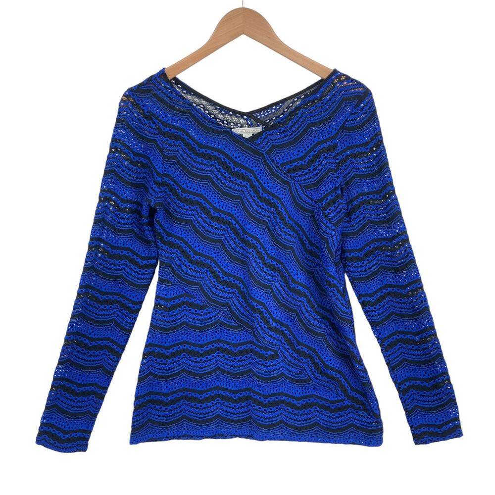 Dana Buchman Knit Top Womens Small Blue Black Crochet Long Sleeve Pullover